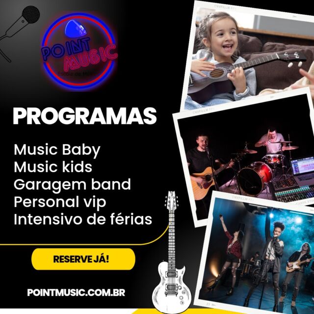 Programas:😎

🥁Music Baby é um programa Música para crianças de 03 a 06 anos.
Na musicalização infantil a criança irá desenvolver, através de atividades musicais divertidas e sugestivas, a percepção espacial, corporal, sonora, a coordenação motora, além de trabalhar as sensações e sentimentos através da experimentação, imitação, criação e reflexão.

🎤O Music Kids é um dos principais programas da Point Music indicado para crianças e iniciantes de 07 a 11 anos. Ele combina nossa filosofia central de educação musical baseada em performance com um currículo exclusivo, elaborado para crianças sem experiência musical anterior.

🎹O Garage Band da Point Music oferece aos alunos de 12-17 anos a oportunidade de ingressar em uma banda composta por colegas música (o)s de sua escola. Esses alunos realizam shows ao vivo ao longo do ano.

🎸O Performal Vip é o programa estudo personalizado onde o aluno espoe seus objetivos para o professor, sendo então elaborado um cronograma de estudos indicado para quem já toca e tem dificuldade em alguma técnica.

#music #aulas #cursos #de #musica #vemprapointmusic